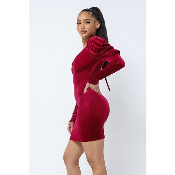 Red Velvet Puff Sleeve V neck Winter Dress - Picture 5 of 6